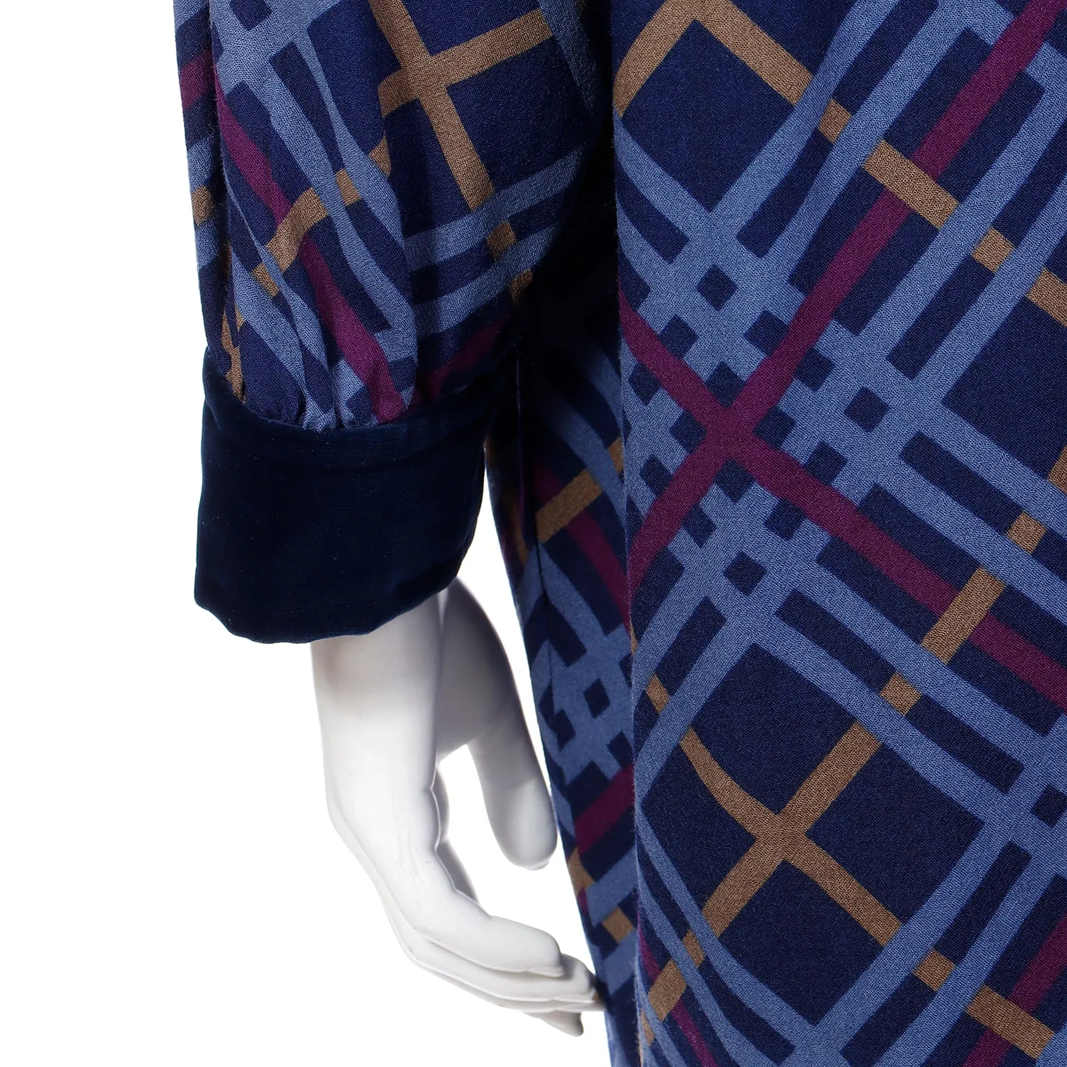 1985 Yves Saint Laurent Blue & Burgundy Plaid Wool Challis Dress w Velvet Trim