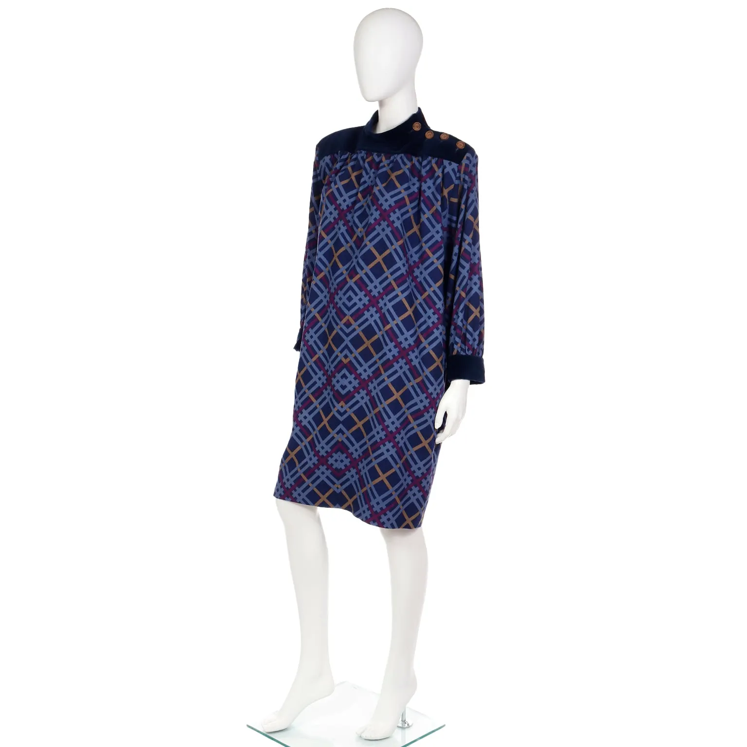 1985 Yves Saint Laurent Blue & Burgundy Plaid Wool Challis Dress w Velvet Trim