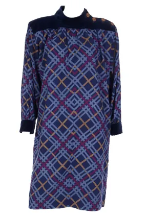 1985 Yves Saint Laurent Blue & Burgundy Plaid Wool Challis Dress w Velvet Trim