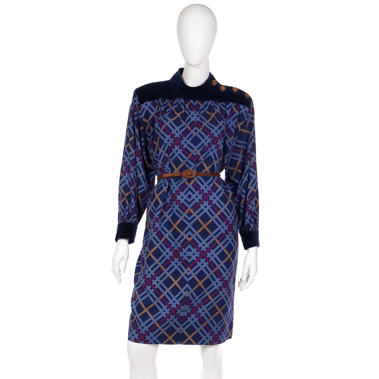 1985 Yves Saint Laurent Blue & Burgundy Plaid Wool Challis Dress w Velvet Trim