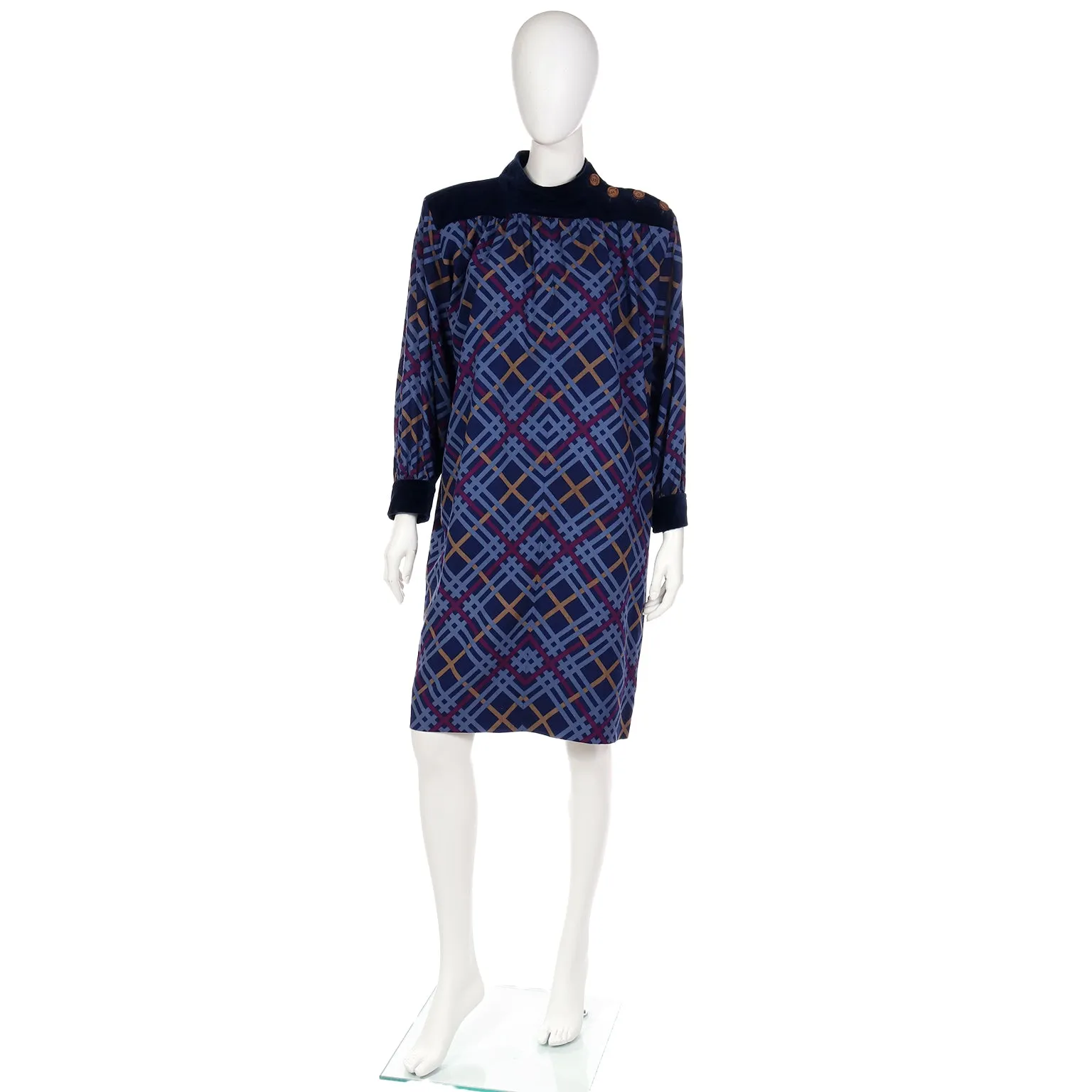 1985 Yves Saint Laurent Blue & Burgundy Plaid Wool Challis Dress w Velvet Trim