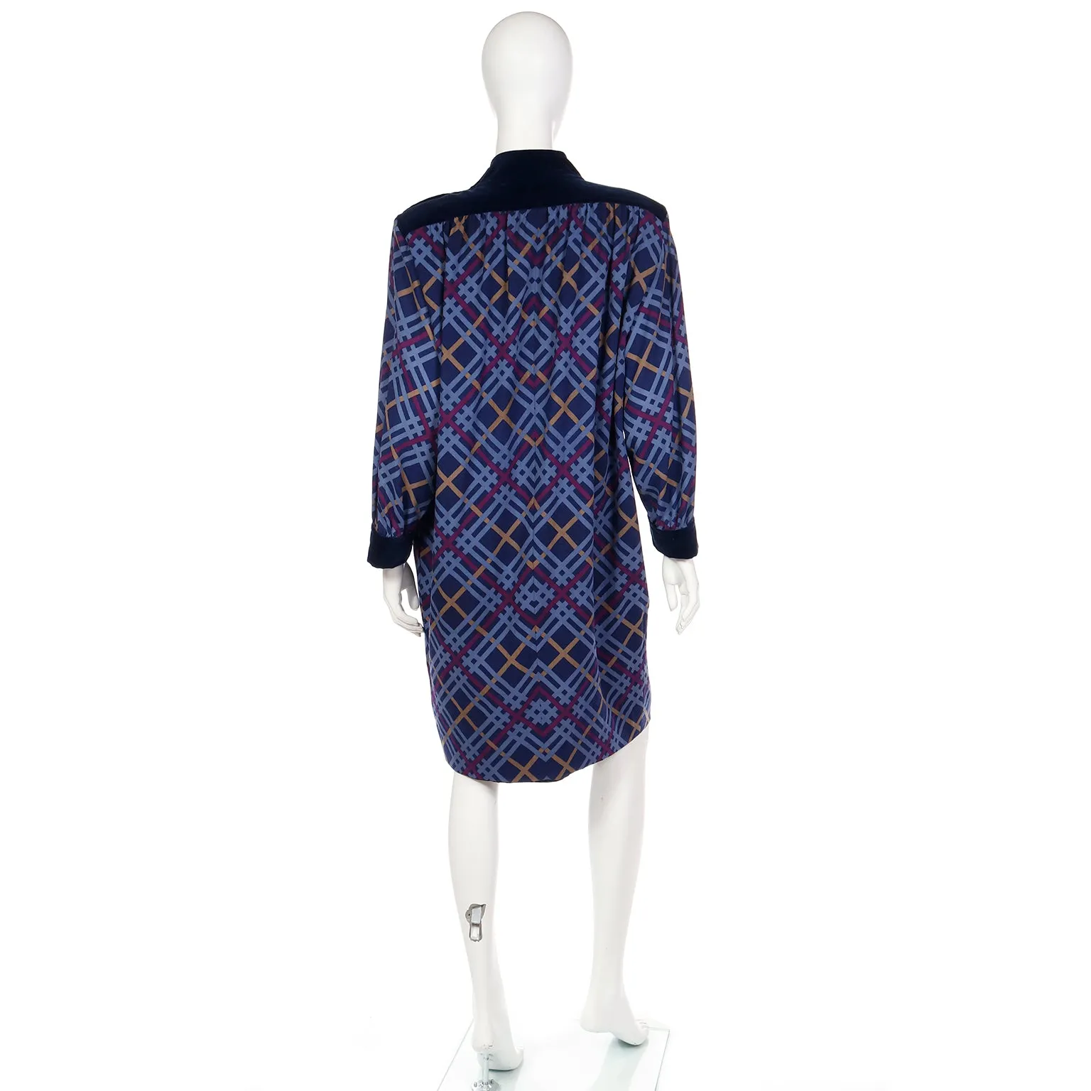 1985 Yves Saint Laurent Blue & Burgundy Plaid Wool Challis Dress w Velvet Trim