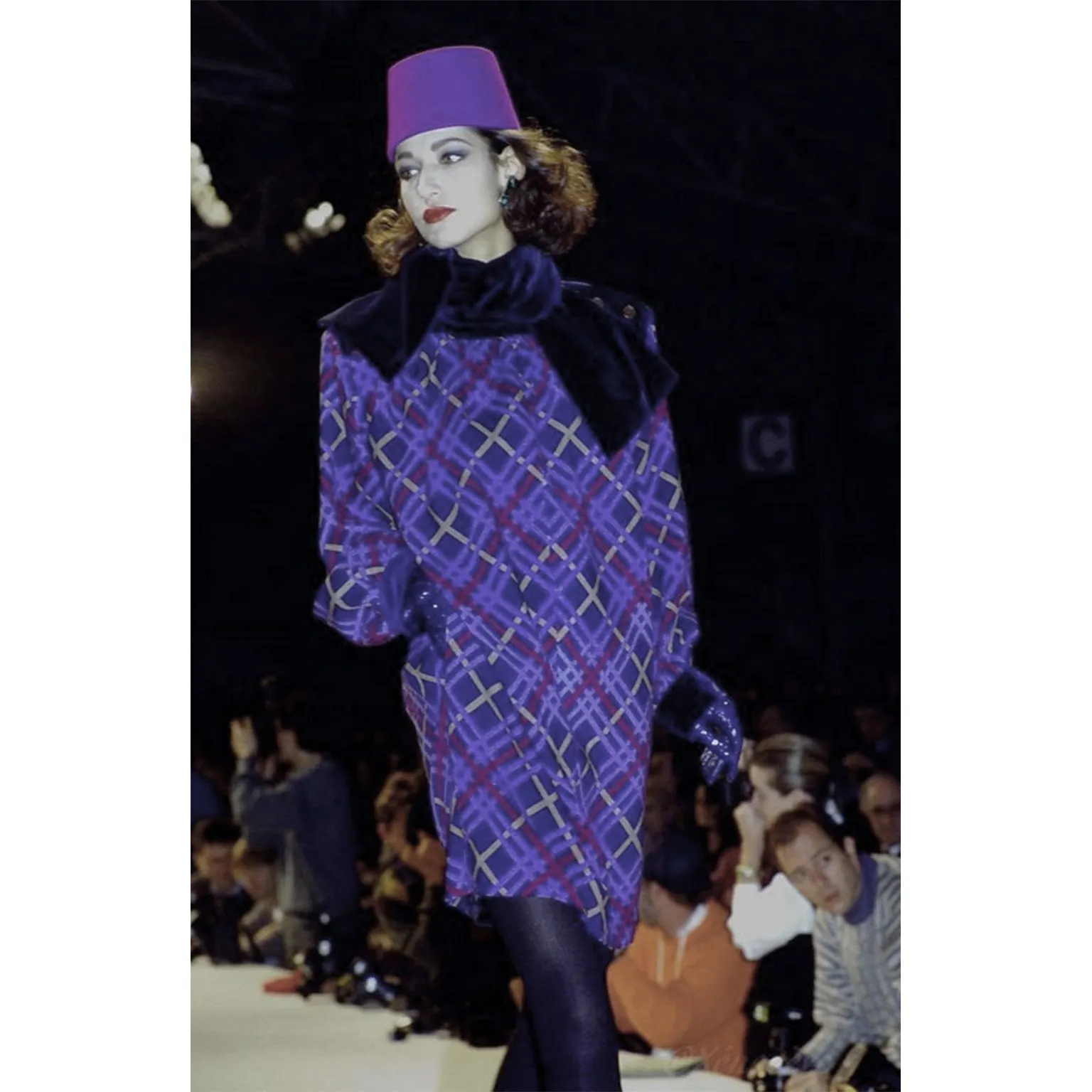 1985 Yves Saint Laurent Blue & Burgundy Plaid Wool Challis Dress w Velvet Trim