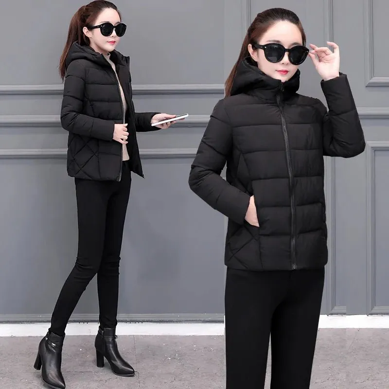 2024 Winter Women's Lightweight Down Cotton Hooded Jacket Warm Loose Short Outerwear Casual Bread Clothing Basic Coats