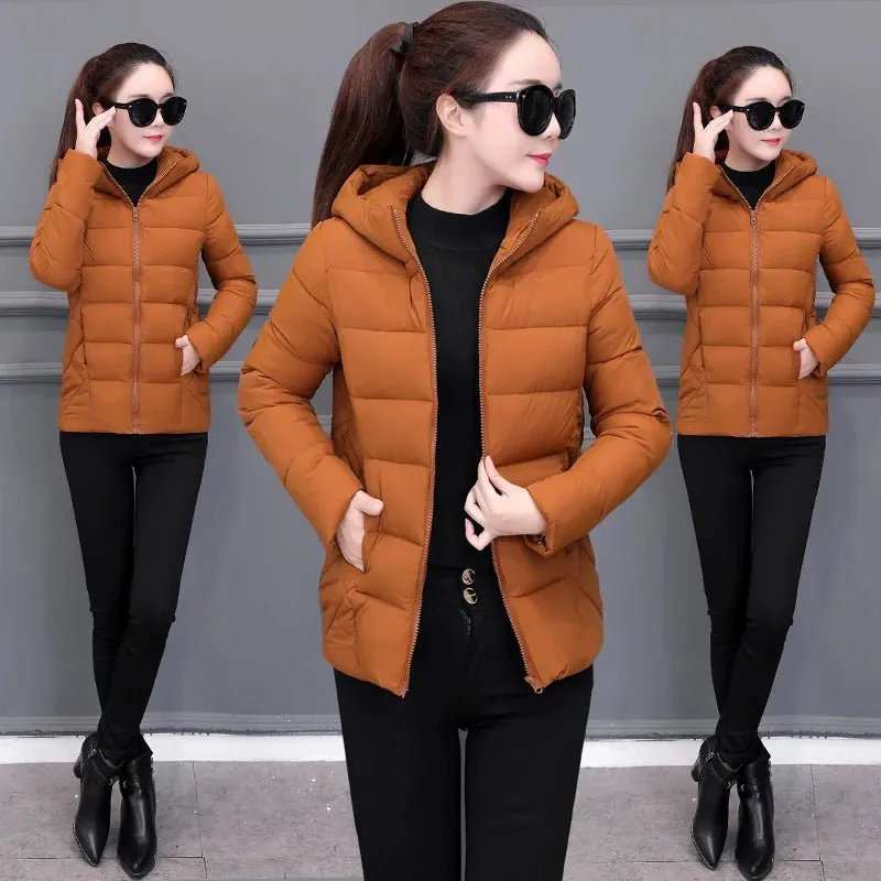 2024 Winter Women's Lightweight Down Cotton Hooded Jacket Warm Loose Short Outerwear Casual Bread Clothing Basic Coats