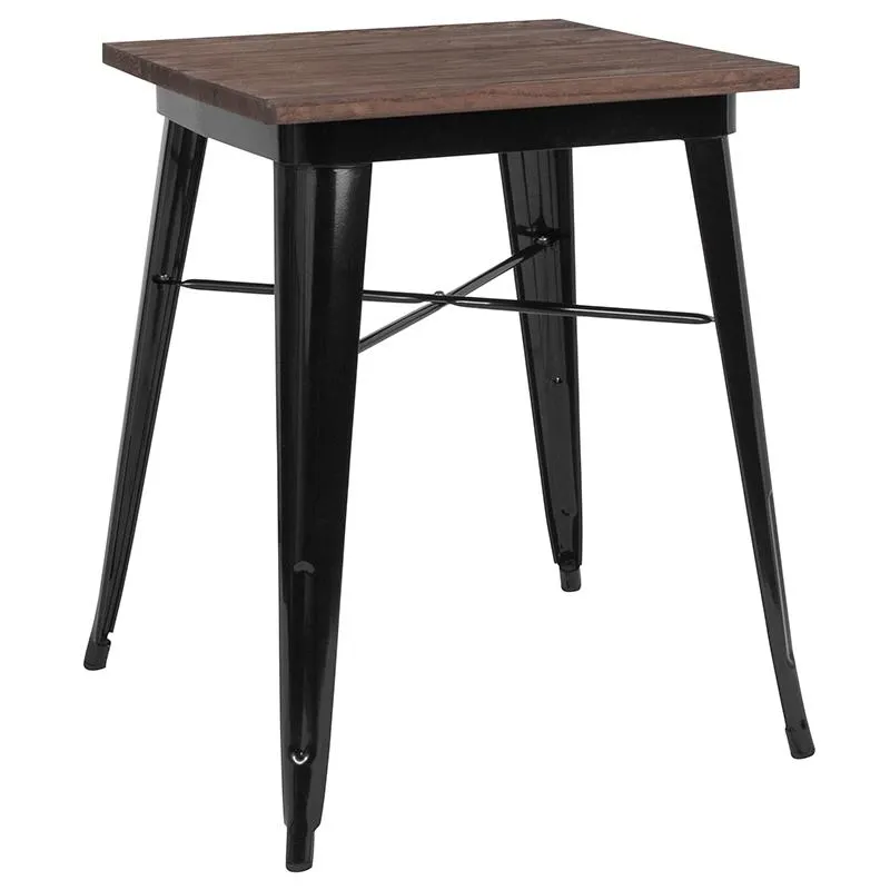 23.5" Square Black Metal Indoor Table With Walnut Rustic Wood Top By Flash Furniture