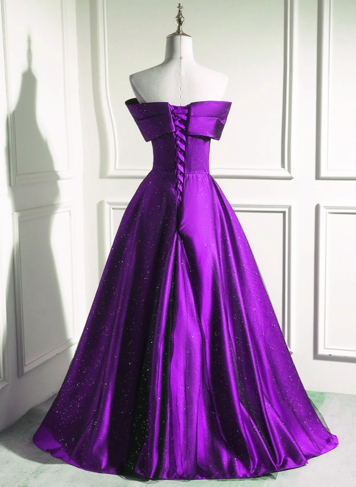 A-line Off Shouolder Black and Purple Satin Party Dress, Long Prom Dress