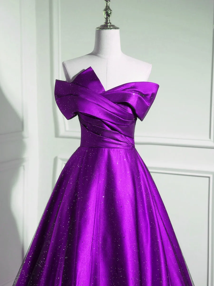 A-line Off Shouolder Black and Purple Satin Party Dress, Long Prom Dress