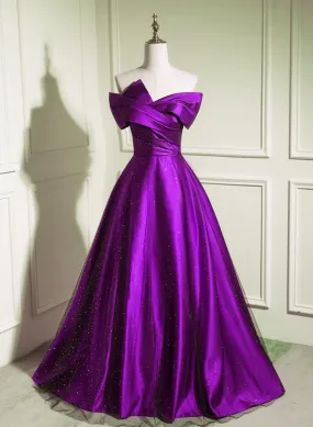 A-line Off Shouolder Black and Purple Satin Party Dress, Long Prom Dress