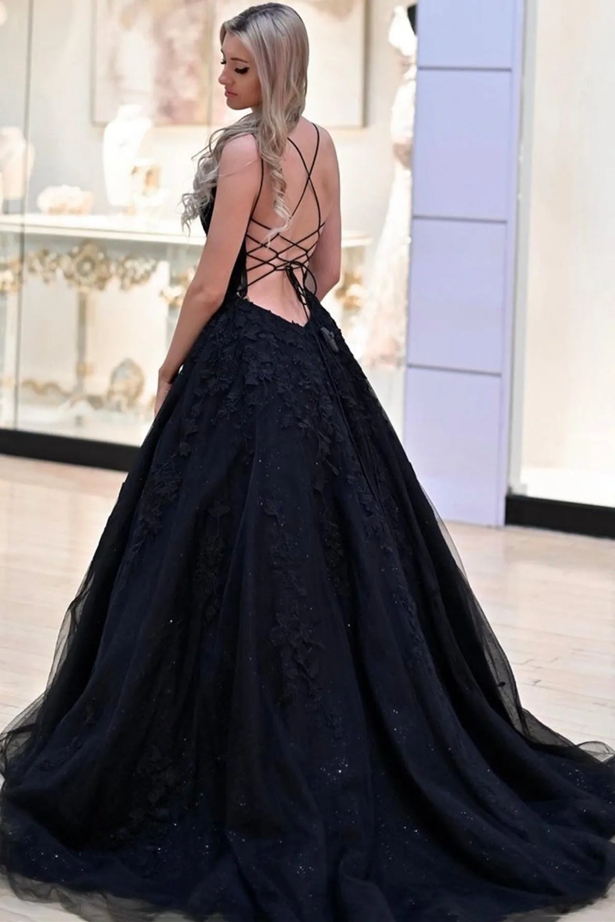 A Line V Neck Backless Black Lace Prom Dress Long, Black Lace Formal Dress, Black Evening Dress A1859