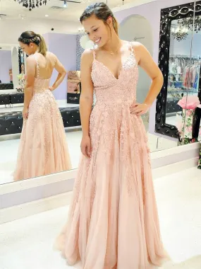 A Line V Neck Spaghetti Straps Lace Appliques Pink Prom, V Neck Lace Pink Formal, Pink Evening