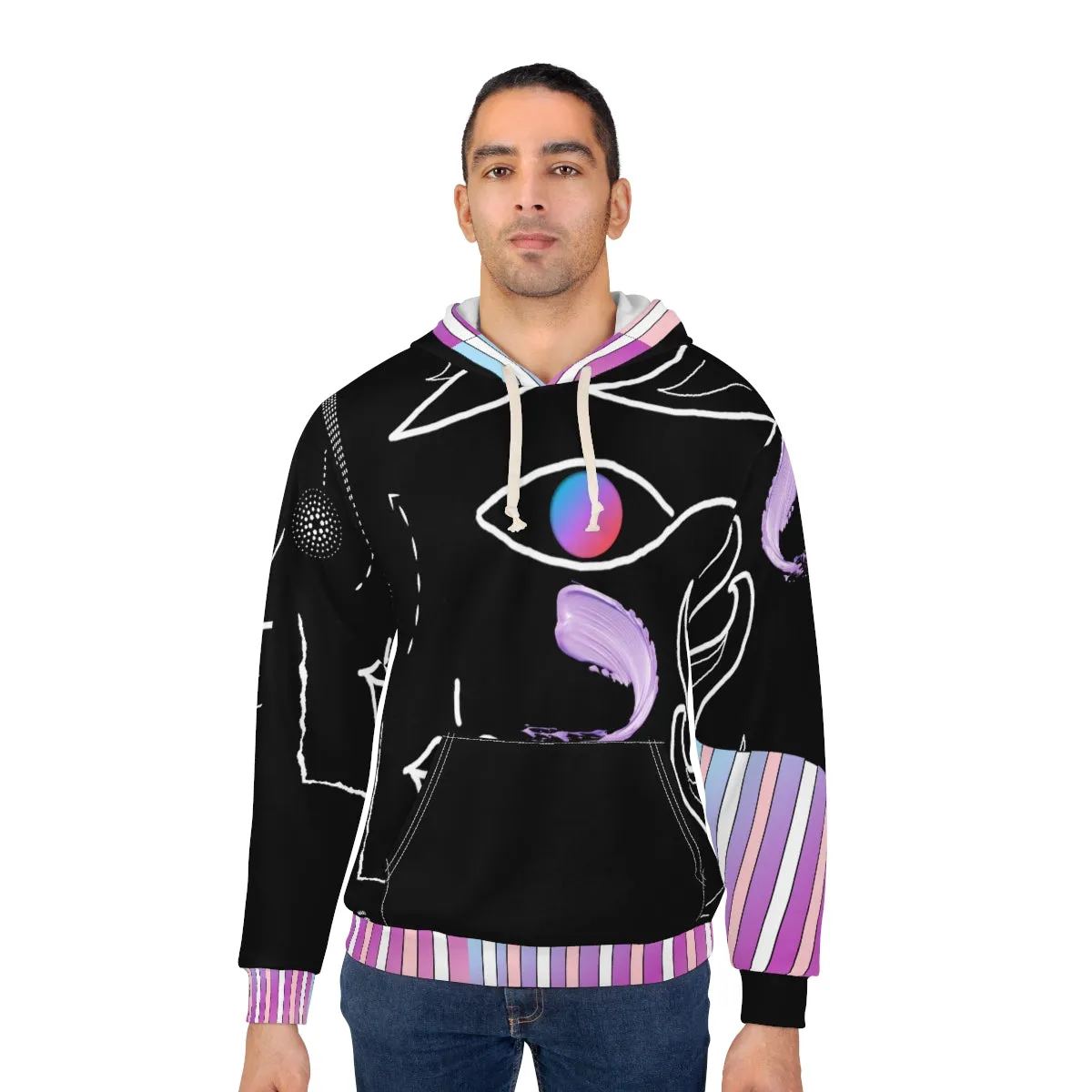 AOP Unisex Pullover Hoodie FACE DOODLES & CANDY STRIPES