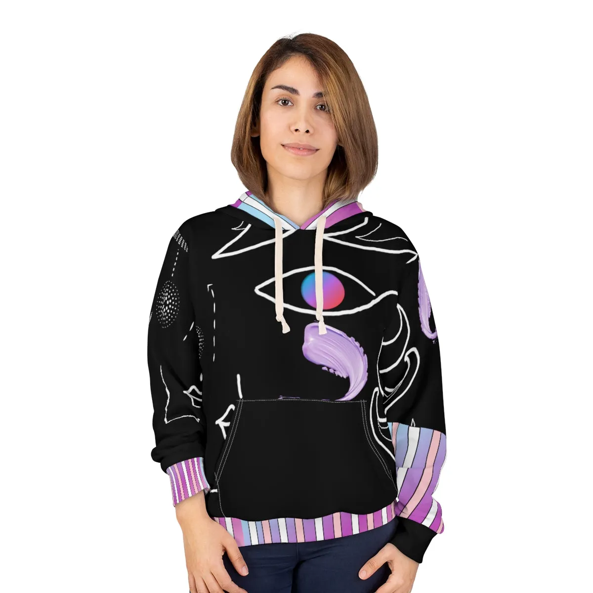 AOP Unisex Pullover Hoodie FACE DOODLES & CANDY STRIPES