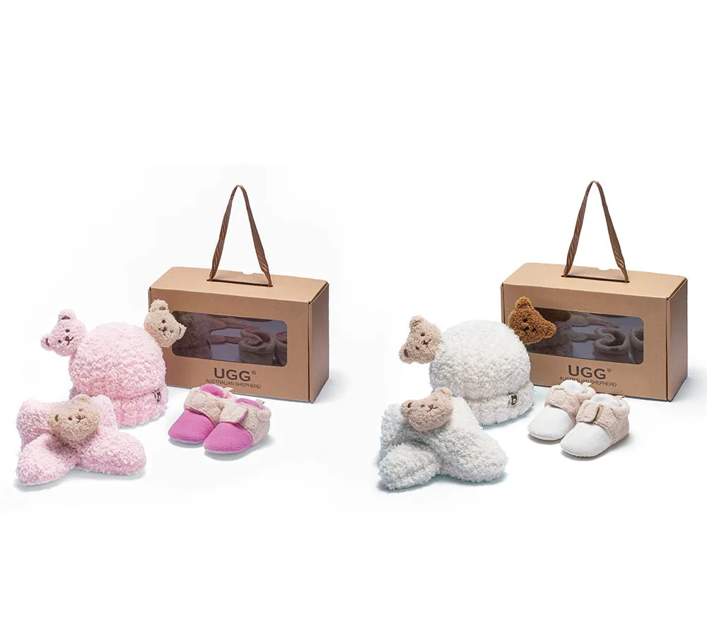 AUSTRALIAN SHEPHERD® Baby Booties Gift Set with Shearling Bear Beanie and Scarf