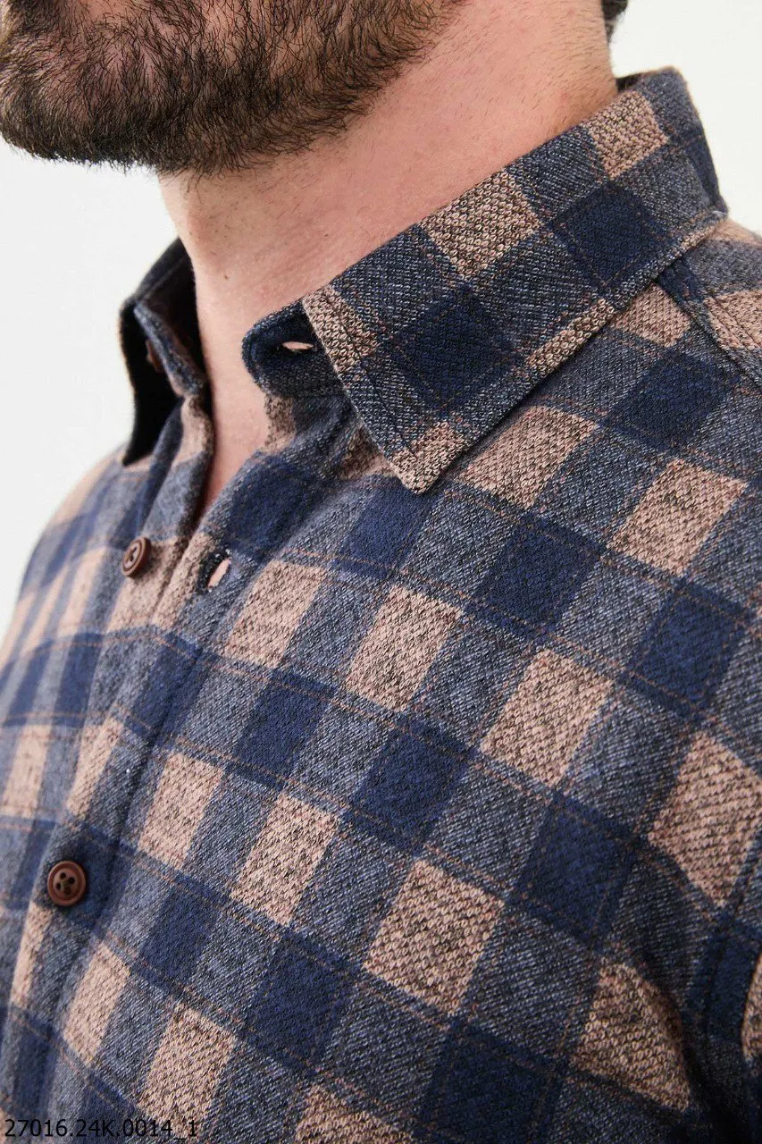 Beige and Blue Plaid Button-Up Shirt.