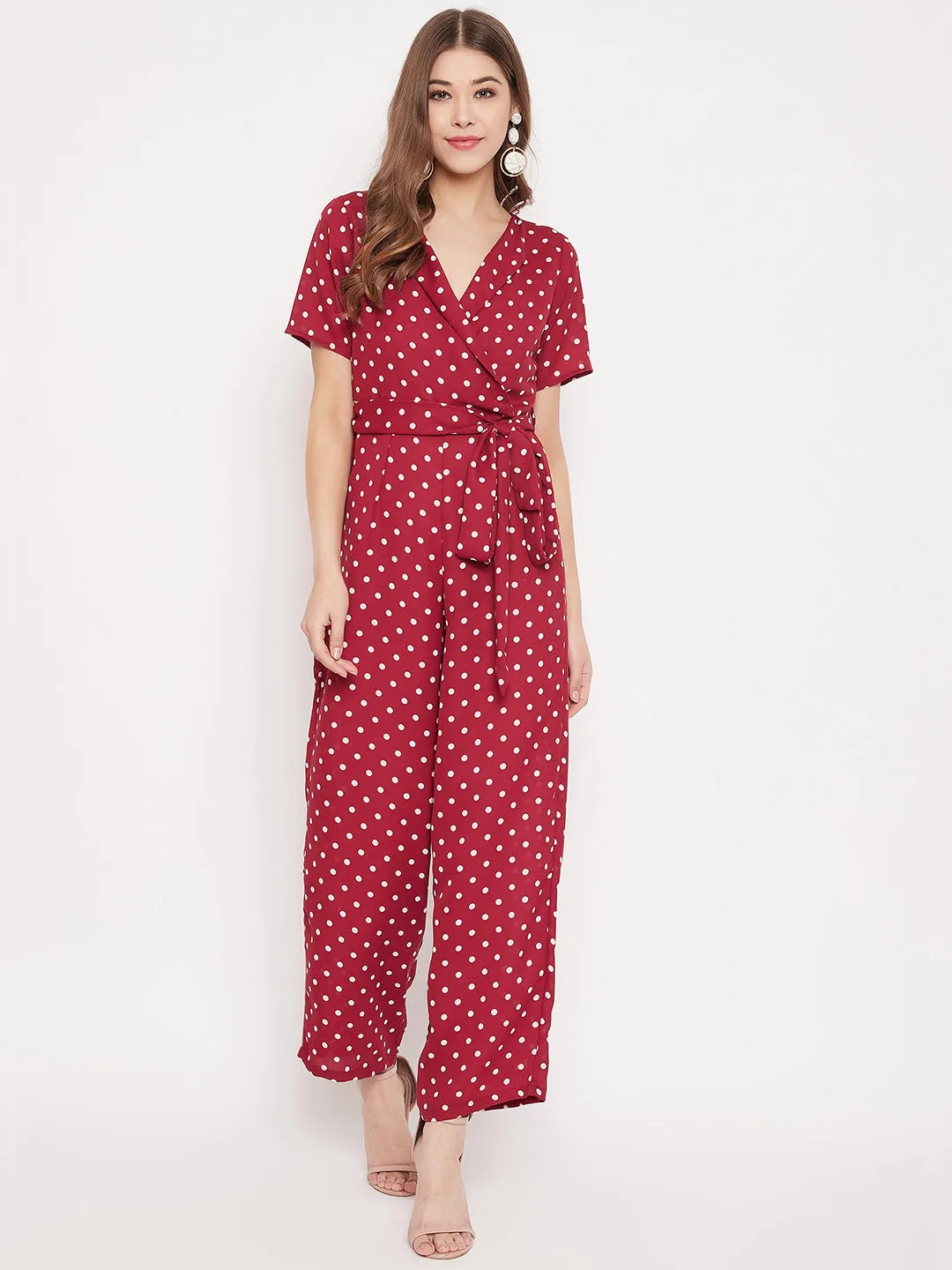 Berrylush Women Red & White Polka Dot Printed Jumpsuit