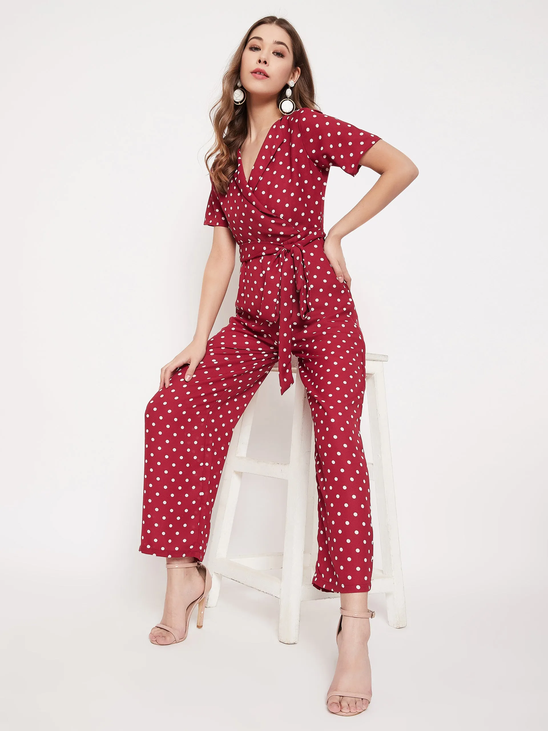 Berrylush Women Red & White Polka Dot Printed Jumpsuit