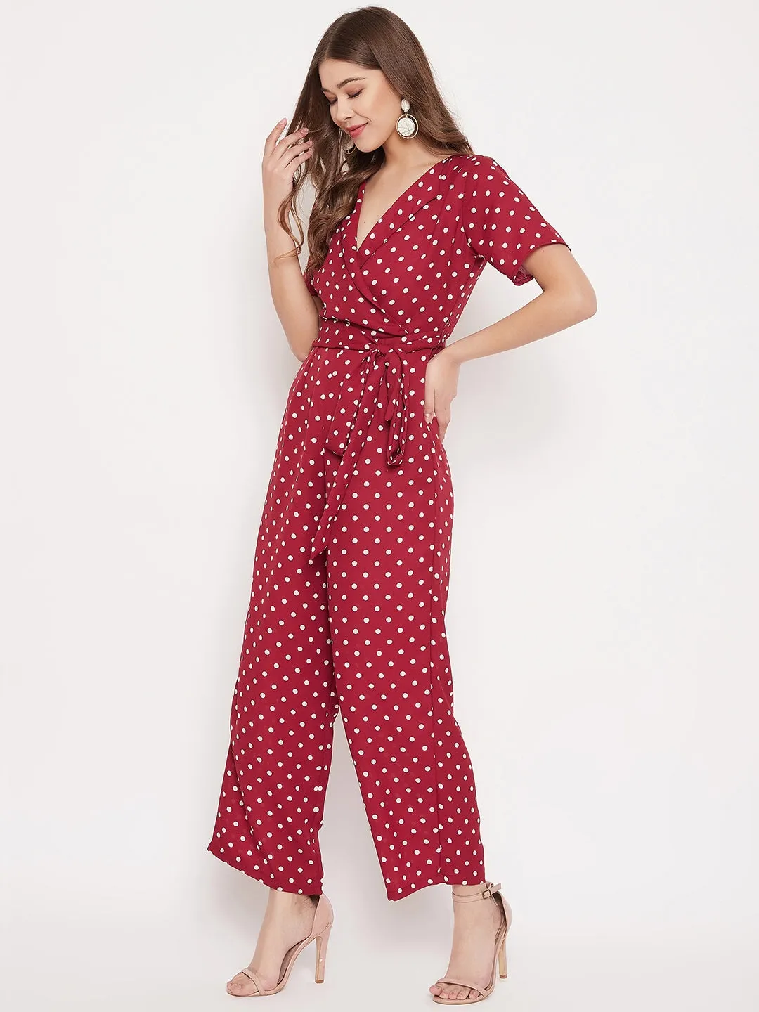 Berrylush Women Red & White Polka Dot Printed Jumpsuit