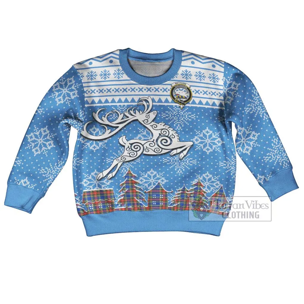 Bethune Clan Christmas Kid Ugly Sweater with Tartan and Celtic Reindeer Style