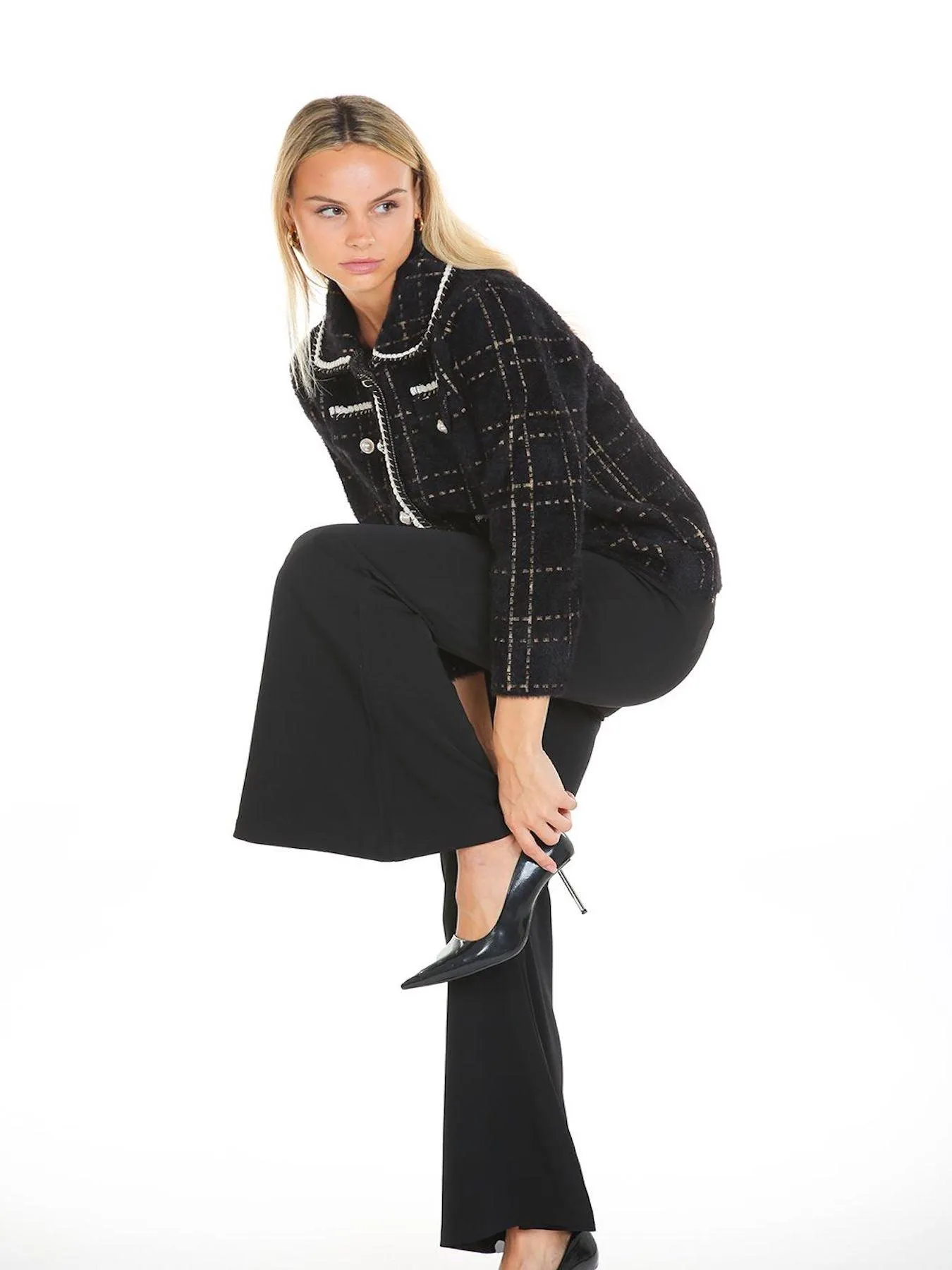 Black Contrast Lining Plaid Tweed Jacket