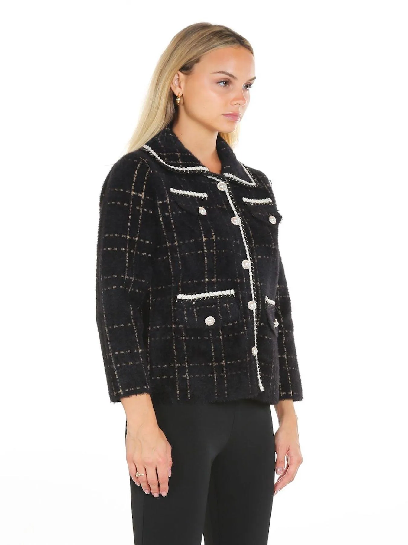 Black Contrast Lining Plaid Tweed Jacket