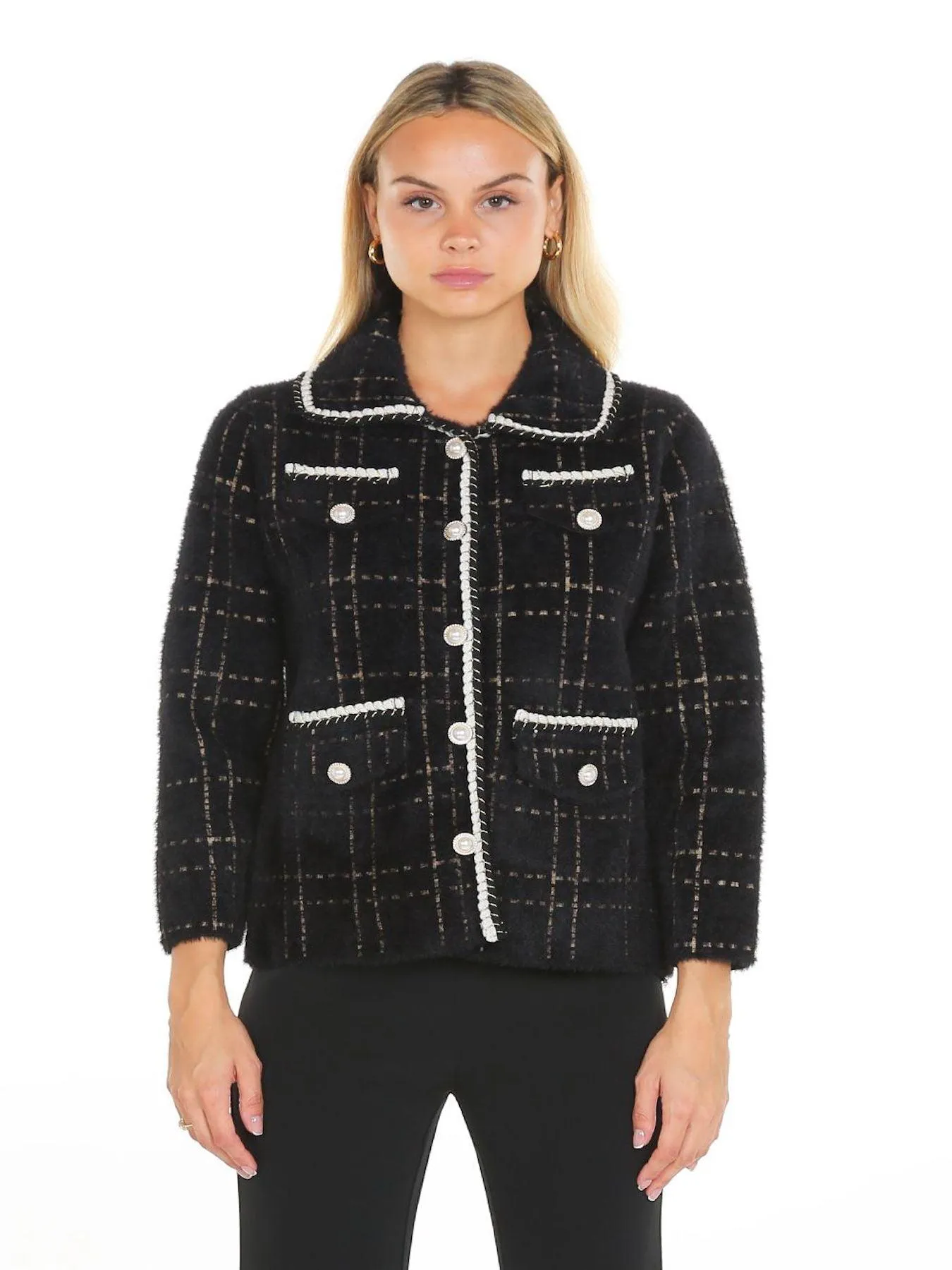 Black Contrast Lining Plaid Tweed Jacket