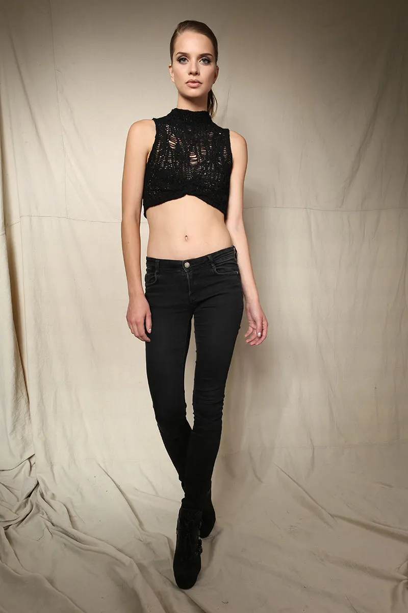 BLACK SILK MOCK NECK CROP SWEATER