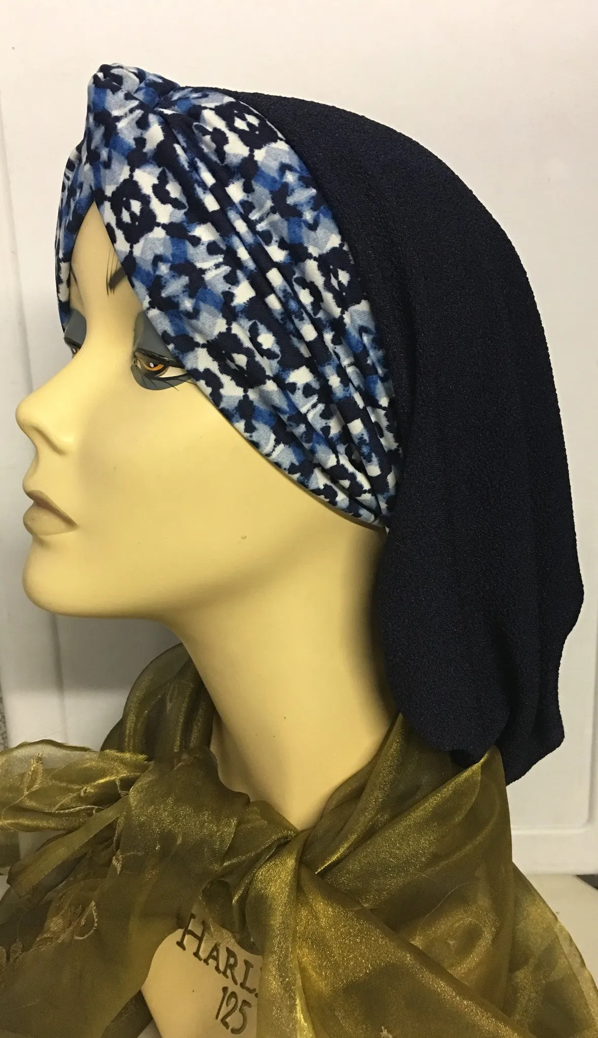 Blue Black Snood Hijab Tichel With Dark Navy Mix Front Headband