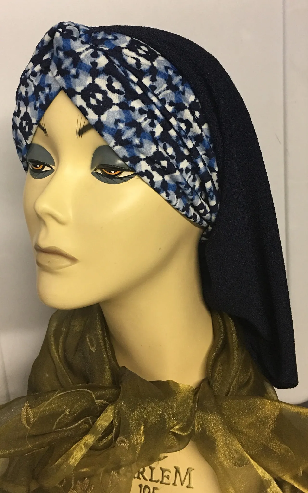 Blue Black Snood Hijab Tichel With Dark Navy Mix Front Headband