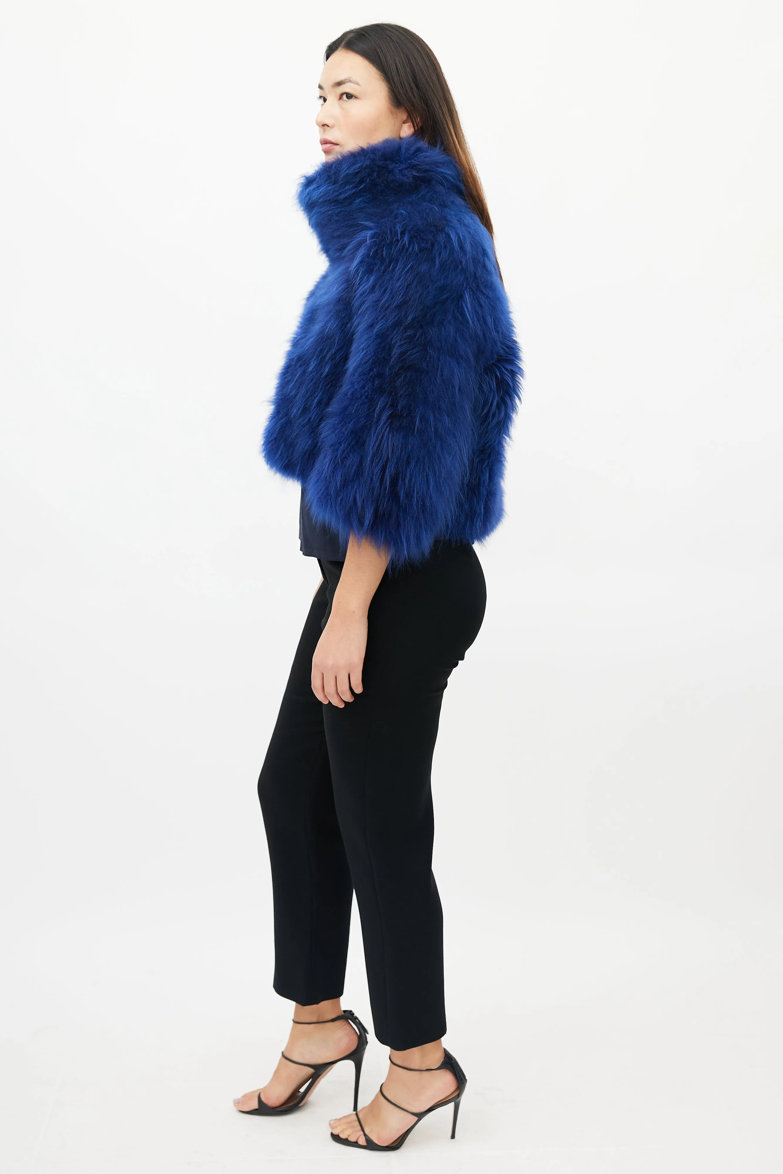 Blue Fur High Neck Cropped Jacket