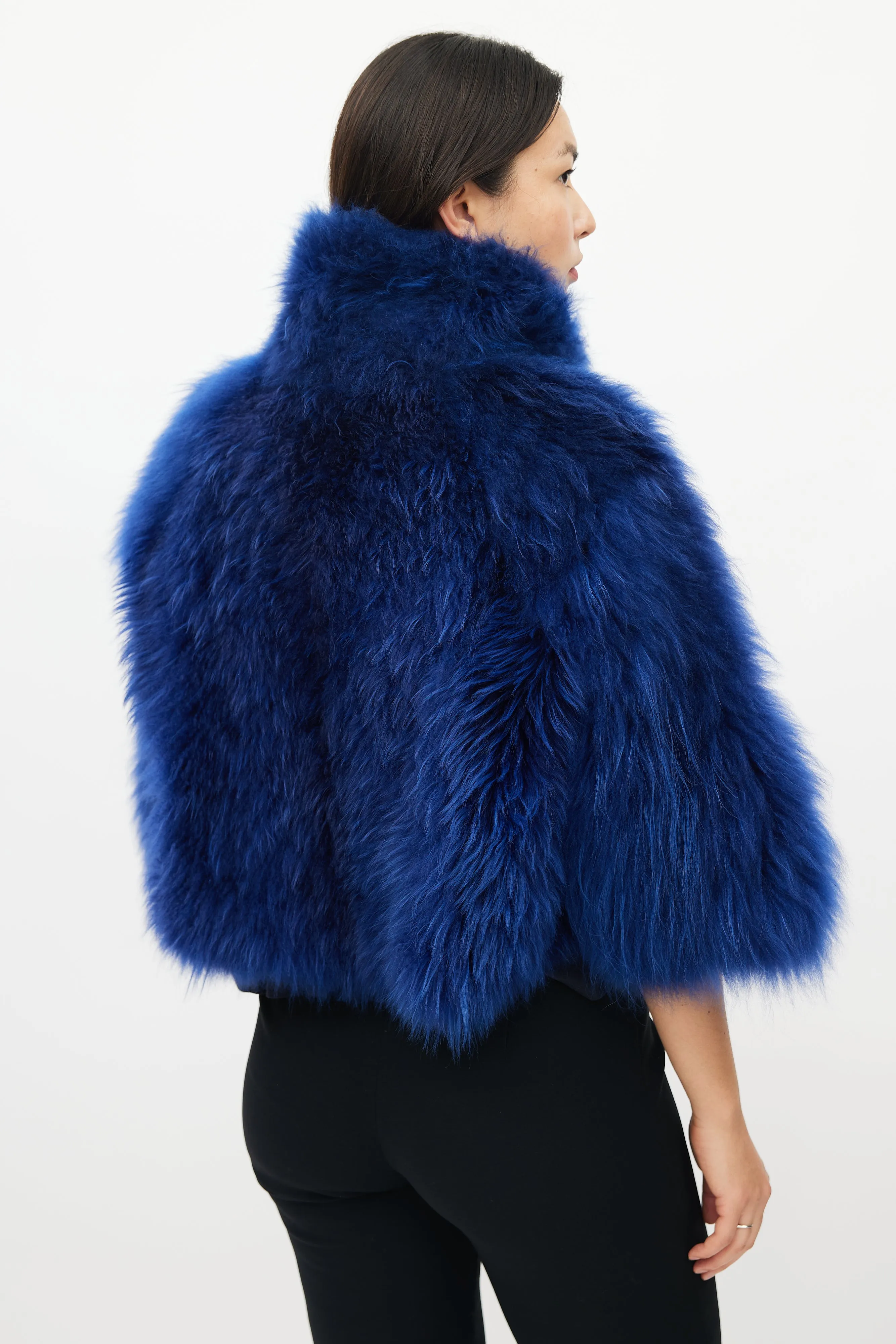 Blue Fur High Neck Cropped Jacket