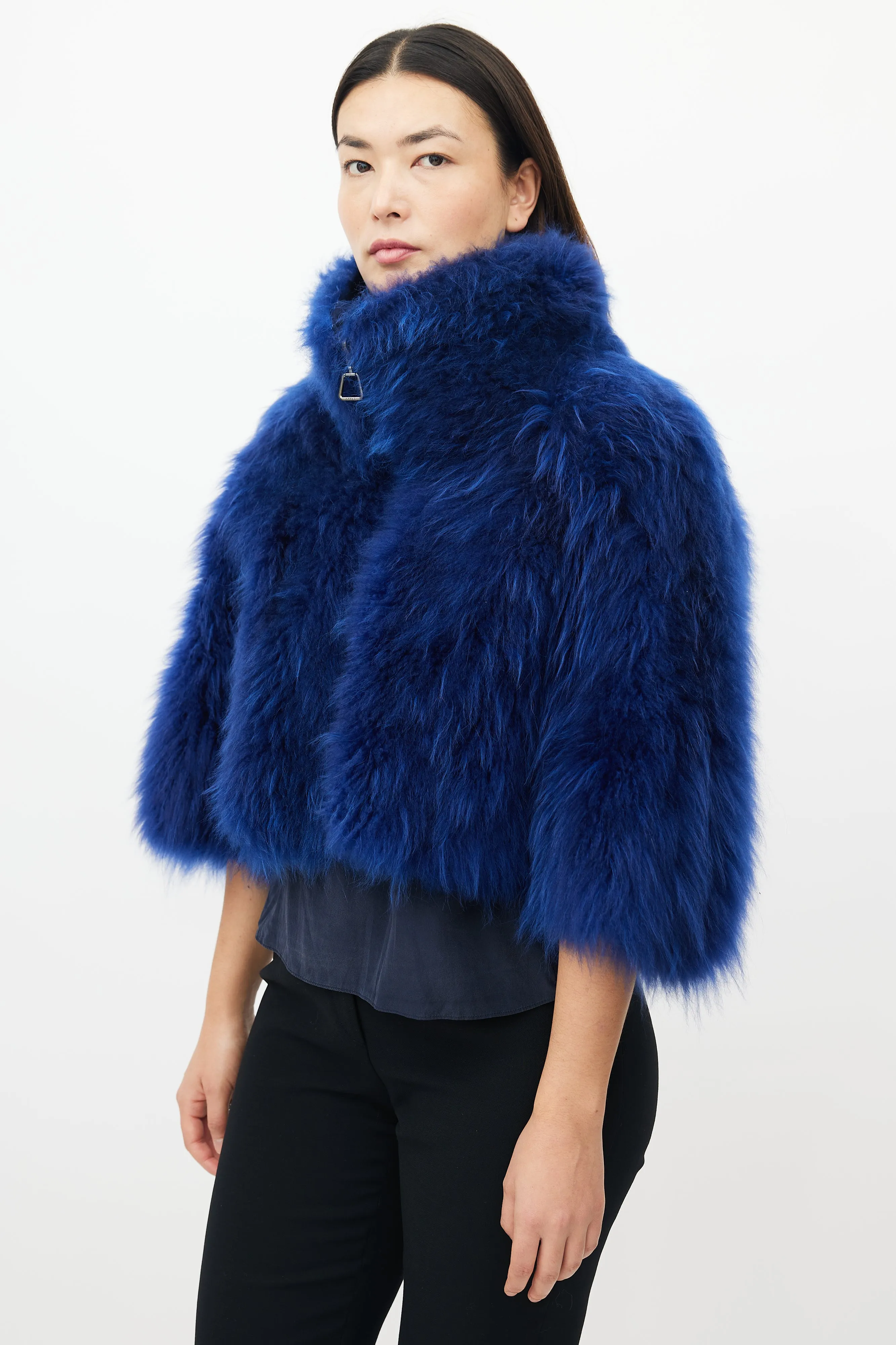 Blue Fur High Neck Cropped Jacket