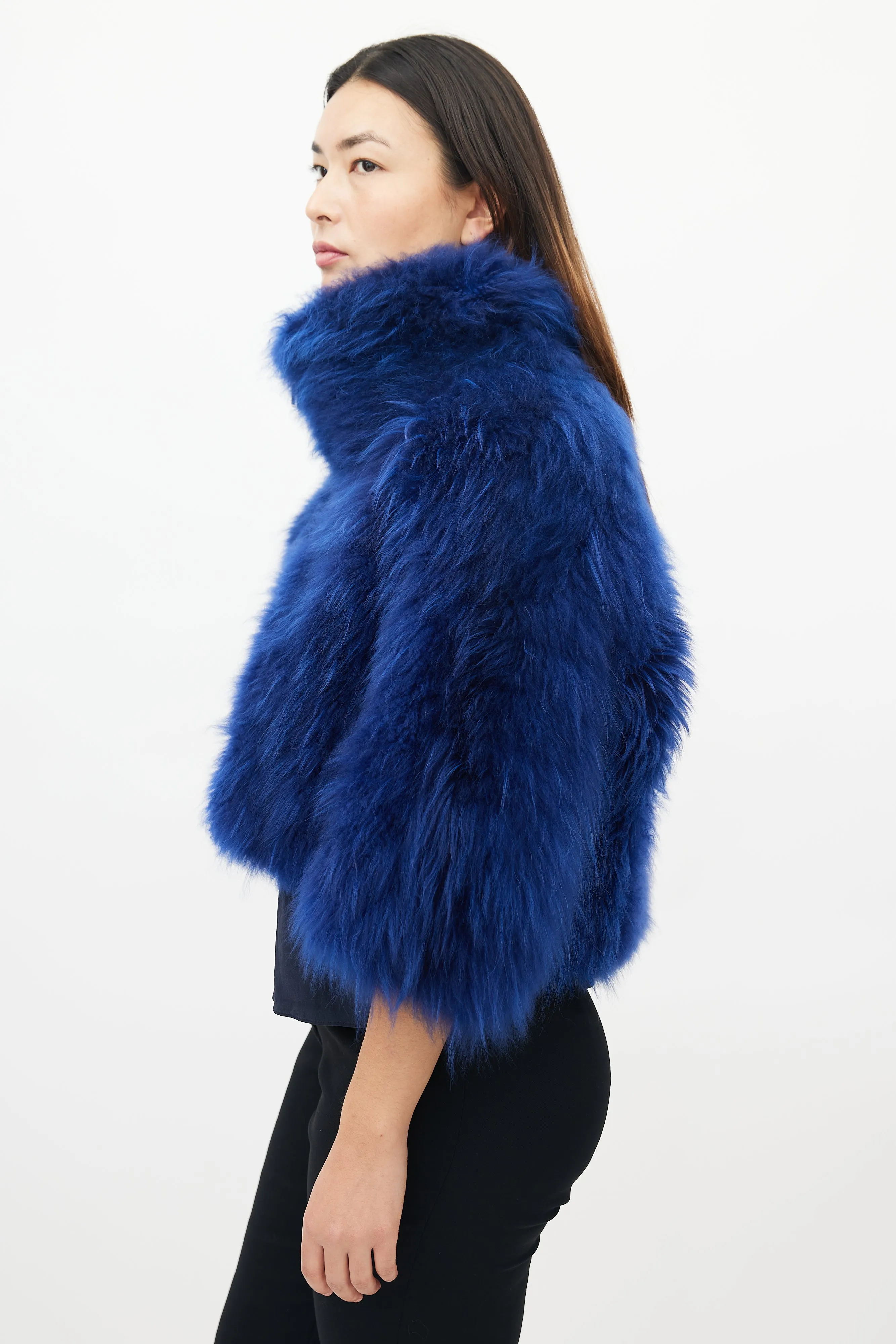 Blue Fur High Neck Cropped Jacket