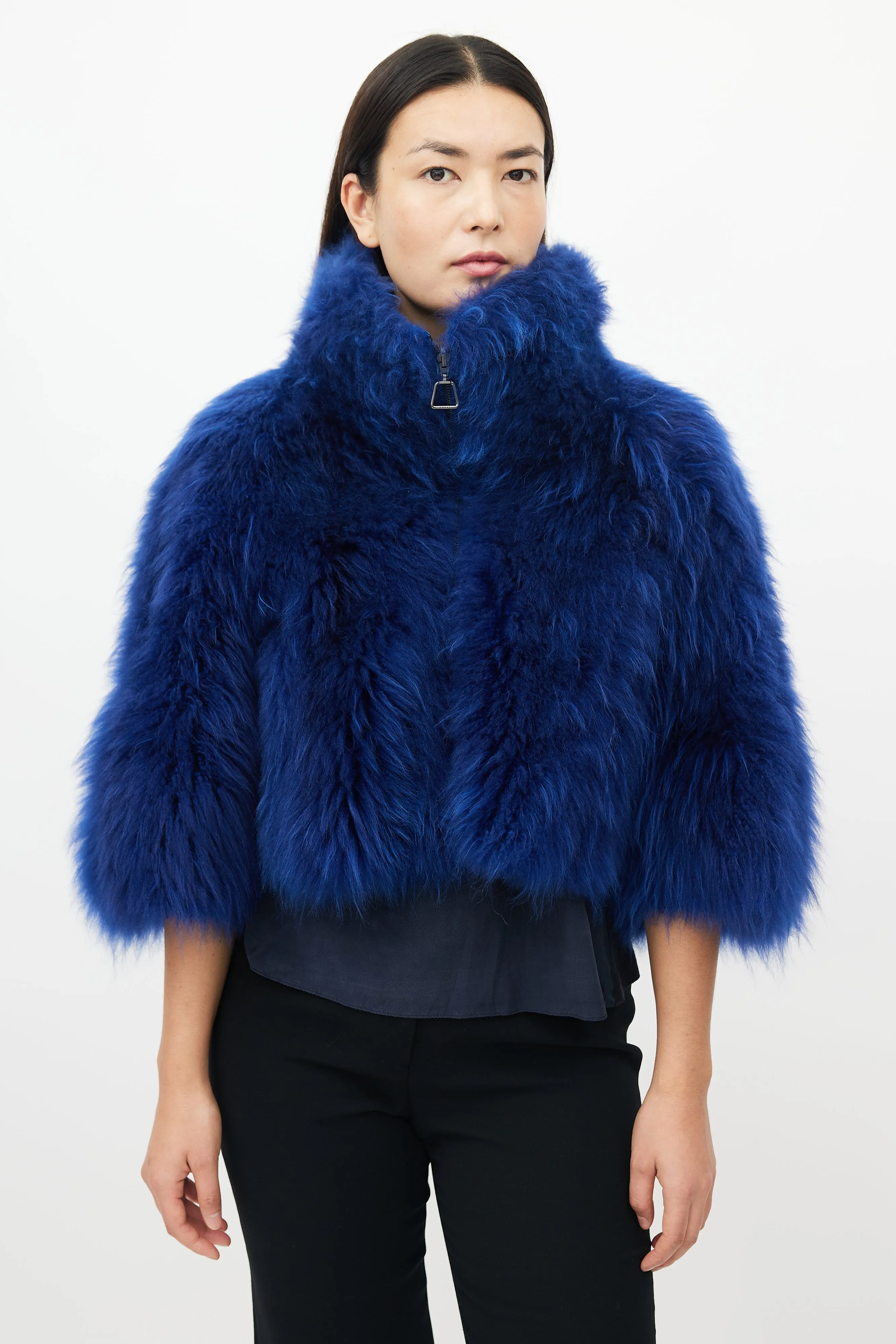 Blue Fur High Neck Cropped Jacket