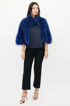 Blue Fur High Neck Cropped Jacket