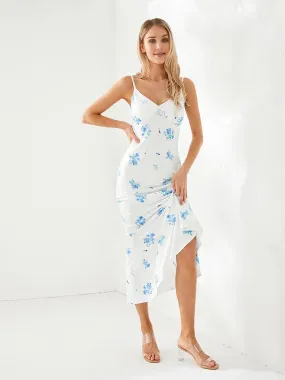 Bodycon Long Floral Print V-Neck Cami Fish Tail Hem Backless Party Casual Sleeveless Dress