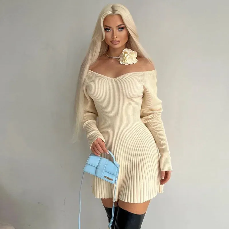 Bodycon Rib V Mini Deep Neck Elegant Sexy Knitted Party Dress