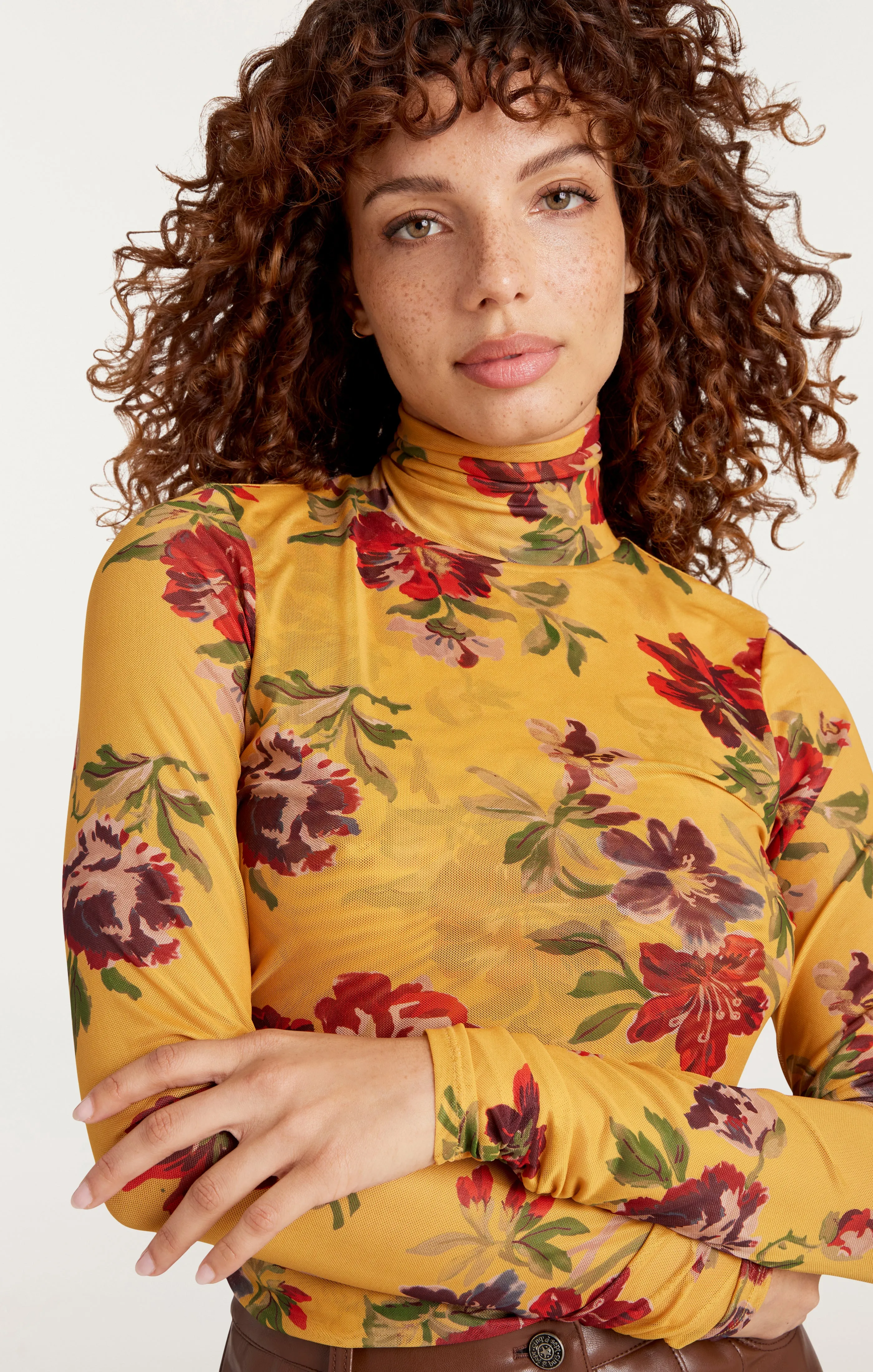 Brigitte Floral Shirred Mesh Turtleneck