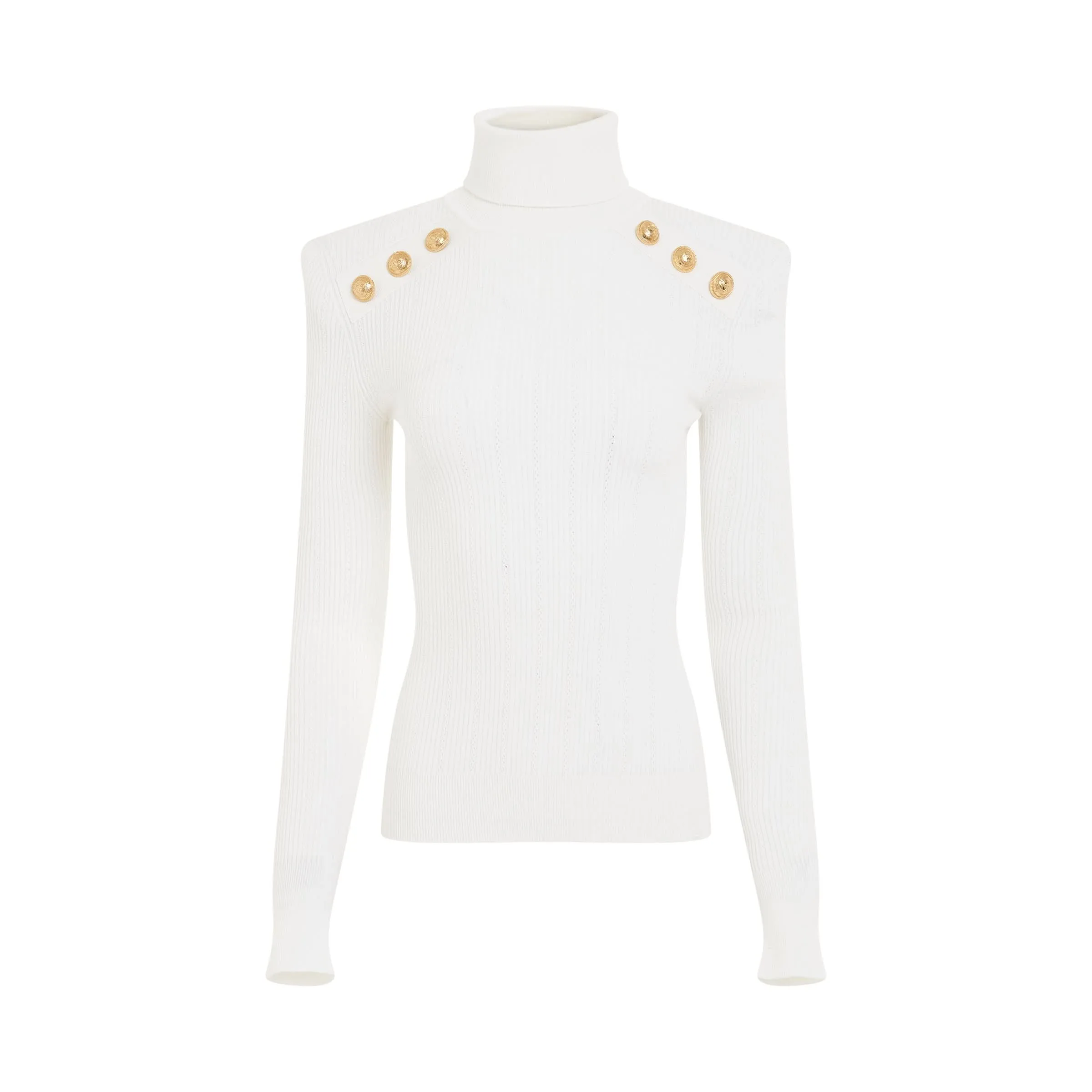 Button Trimmed Turtleneck Sweater in White