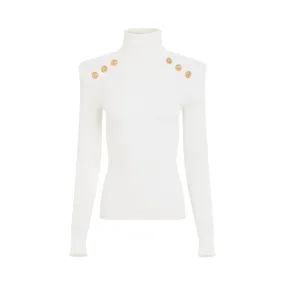 Button Trimmed Turtleneck Sweater in White