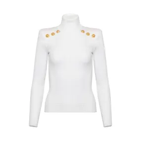 Button Turtleneck Sweater in White