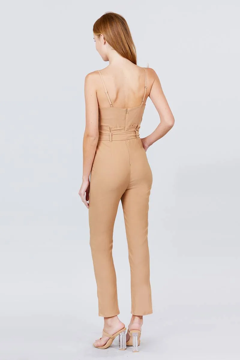 Cami Strap V-neck Belted Tie W/back Zipper Jumpsuit