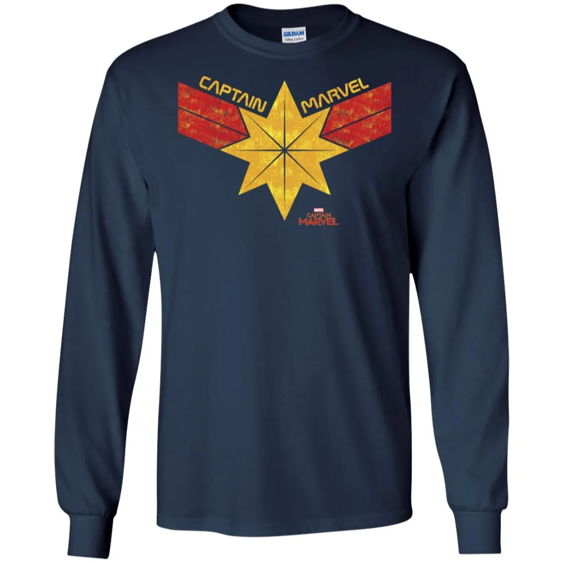 Captain Marvel Distressed Star Ribbon Logo Men Long Sleeve Shirt