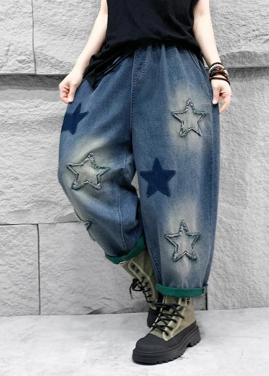 Casual Blue Five Pointed Star Patch Elastic Waist Denim Harlan Pants Spring QQ1007