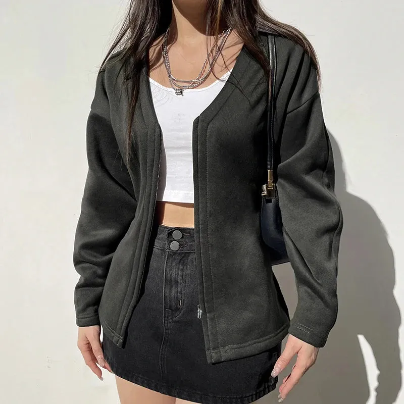 Casual Fleece Autumn Winter Jacket Women Solid Zip Up Coat V Neck Streetwear Basic Outwear Korean Jackets Long Sleeve