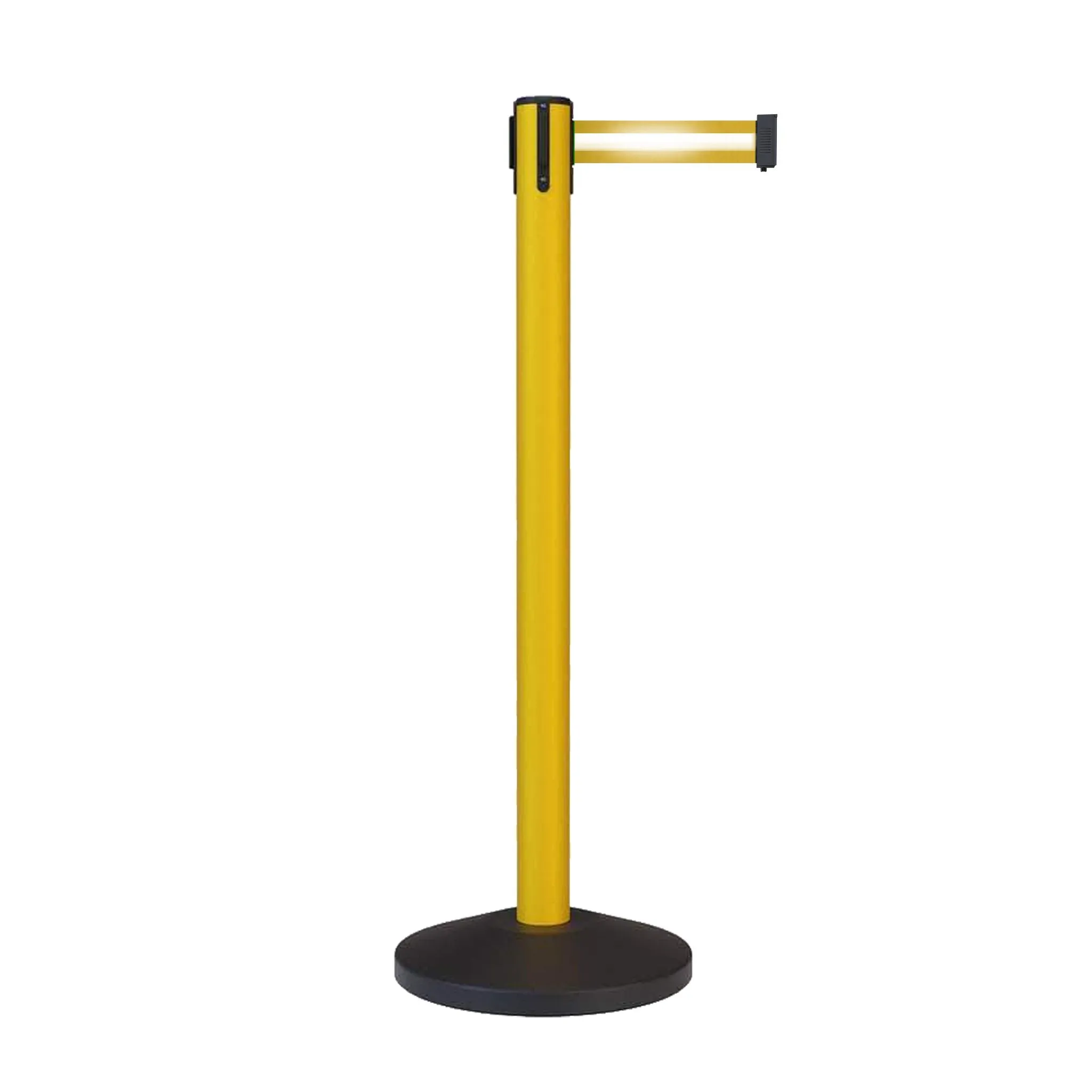 CCW Series RBB-100 Retractable Belt Barrier Stanchion, Sloped Base, Yellow Post - 11 ft. Belt