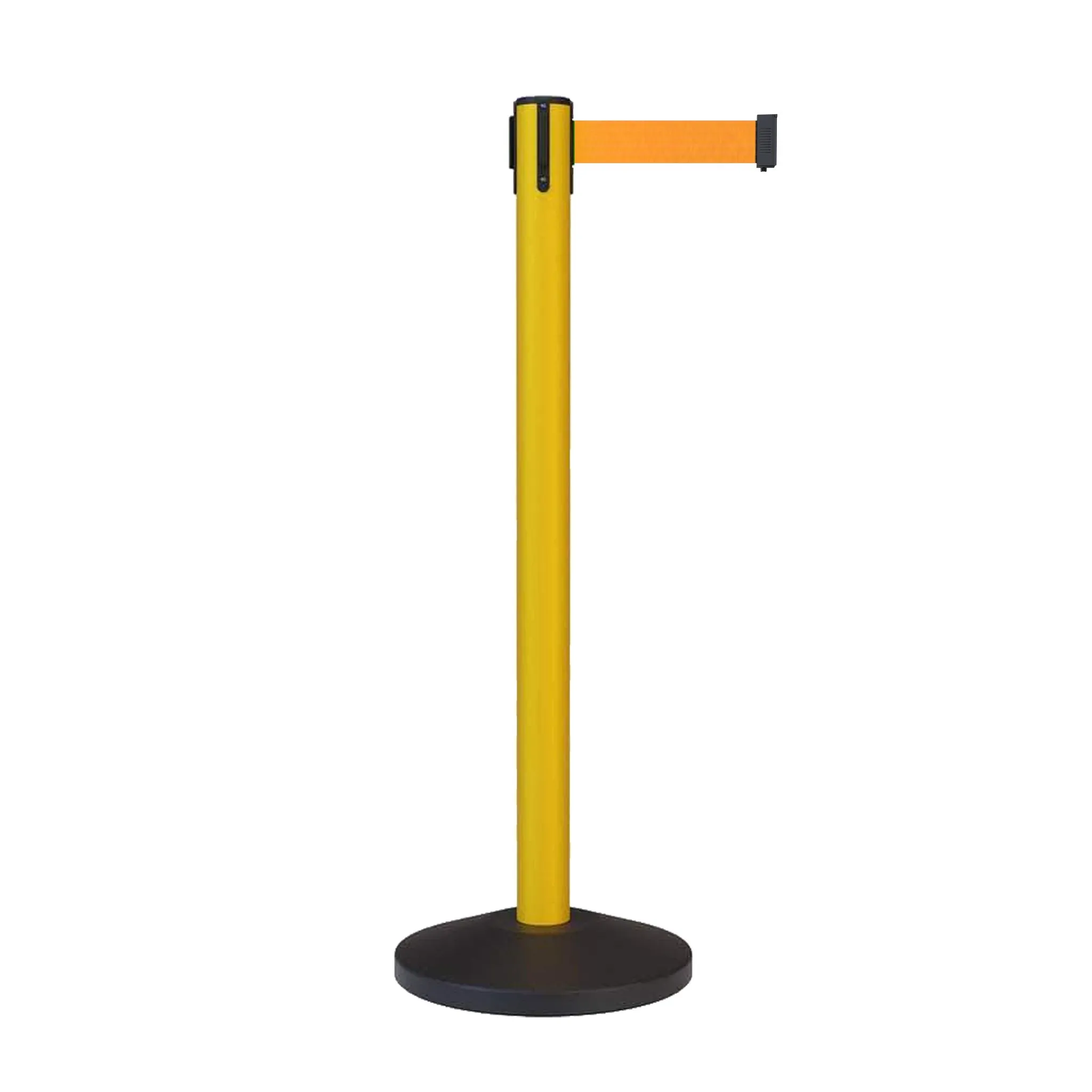 CCW Series RBB-100 Retractable Belt Barrier Stanchion, Sloped Base, Yellow Post - 11 ft. Belt