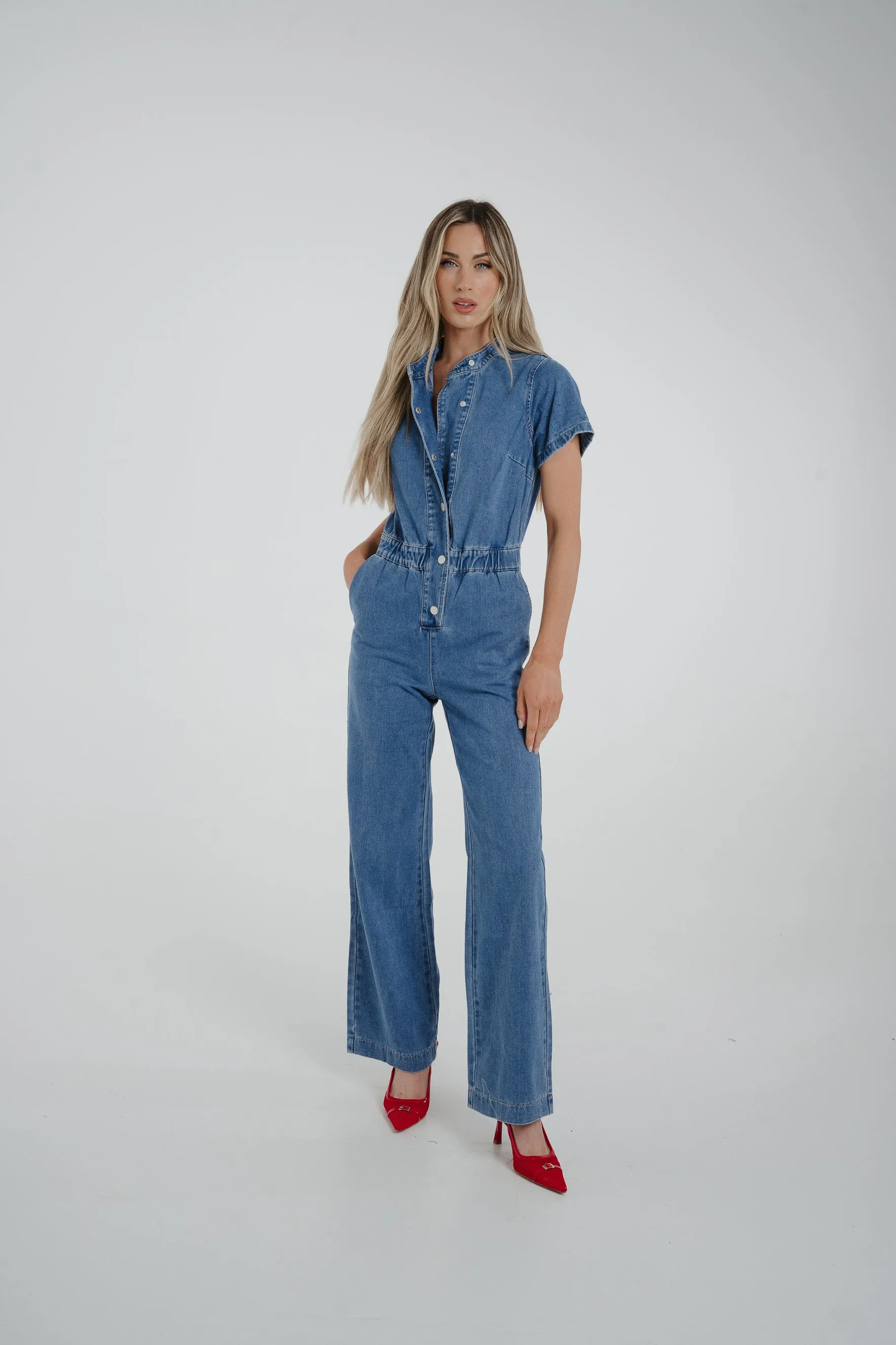 Cindy Wide Leg Jumpsuit In Mid Wash