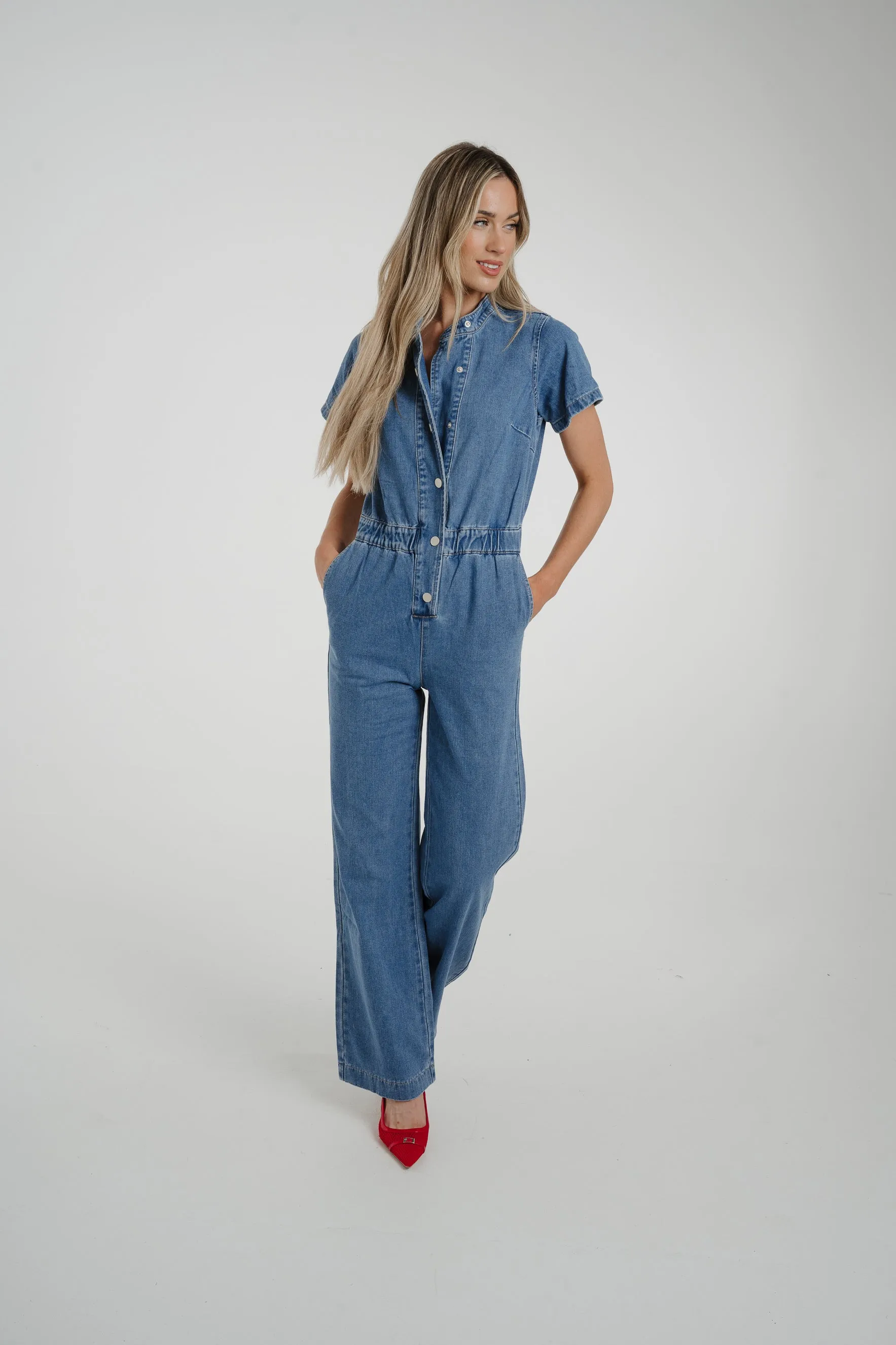 Cindy Wide Leg Jumpsuit In Mid Wash