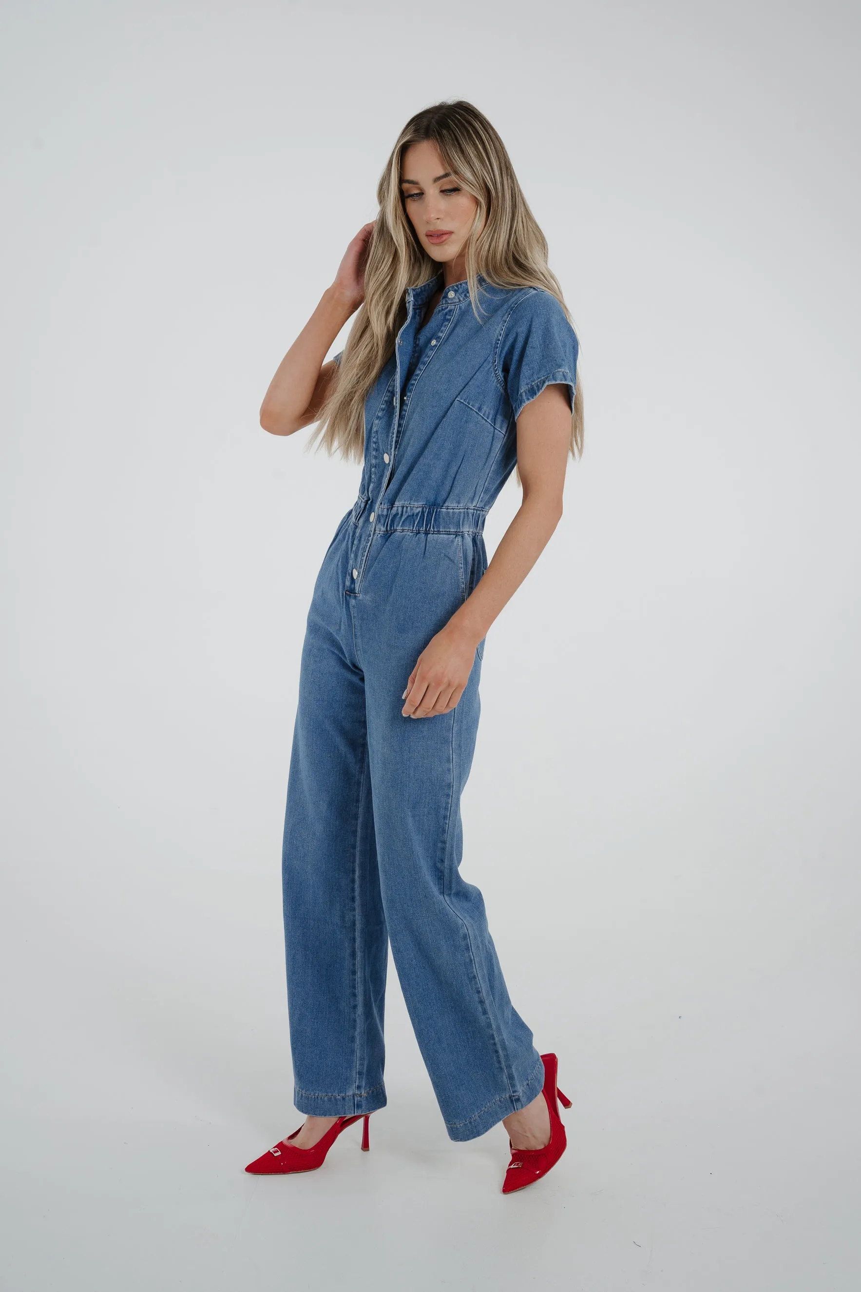 Cindy Wide Leg Jumpsuit In Mid Wash